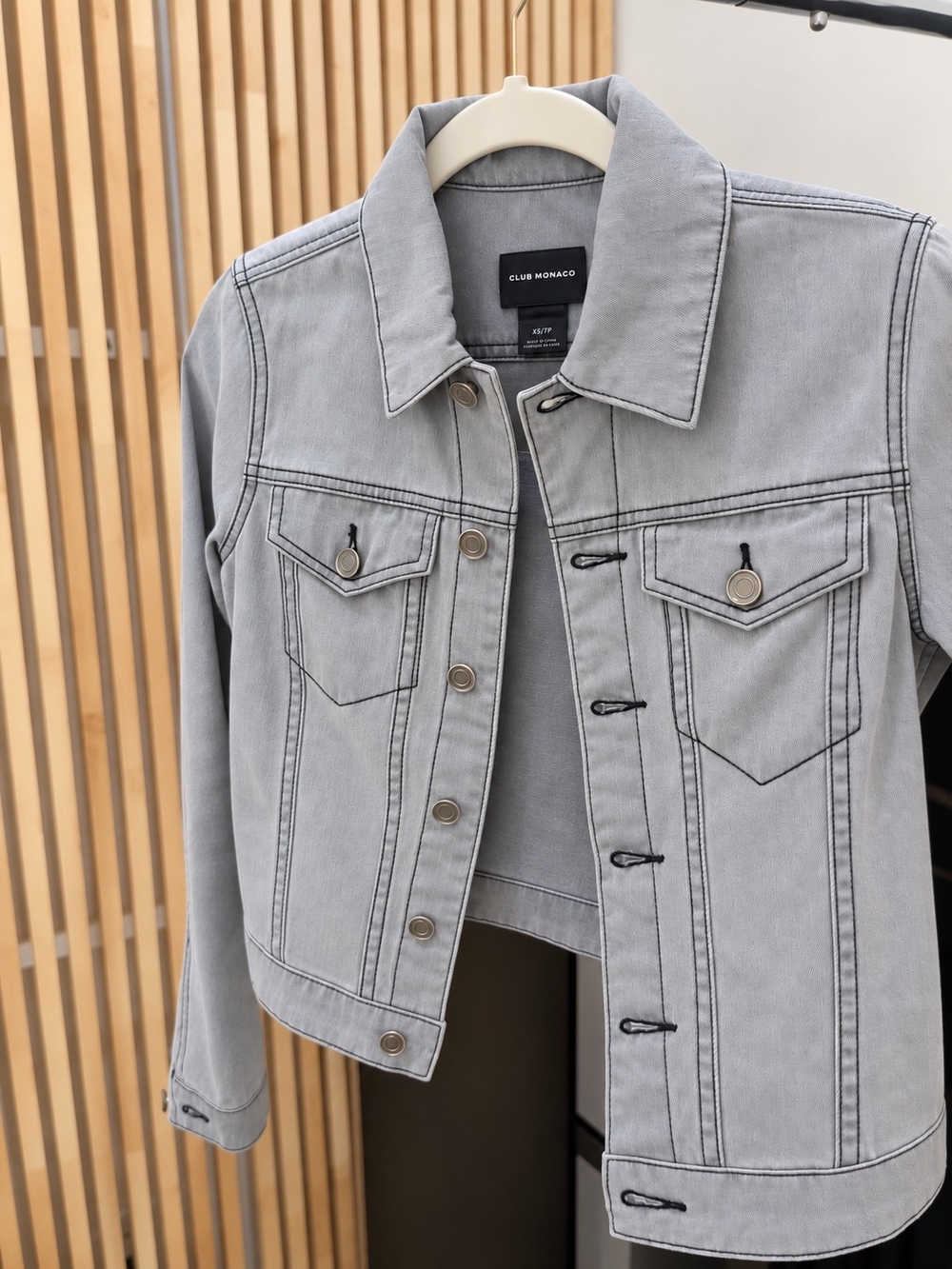 Club Monaco Gray Wash Jean Jacket with Contrast Topstitching